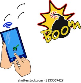 smartphone with bomb, illustration of bomb triggering technology on mobile.
