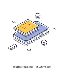 Smartphone with a book hovering above it, symbolizing online education and digital learning. This represents modern educational practices and resources. Modern isometric line art vector illustration