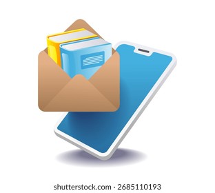 Smartphone y libro dentro del sobre que simboliza la comunicación digital