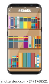 Smartphone y estantería. Biblioteca digital, tienda de libros en línea, e-reading. Librería con diferentes libros. Ilustración vectorial en estilo plano