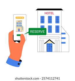 Smartphone Booking Hotel Room Online In Flat Vector Illustration Symbolizing Digital Reservations, Convenience, And Travel Planning, Isolated On White Background.