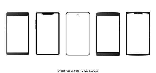 Marco de borde de Smartphone con pantalla blanca, colección de modelos de teléfono móvil de varias formas, alineación de smartphones, material de ilustración vectorial sobre fondo transparente
