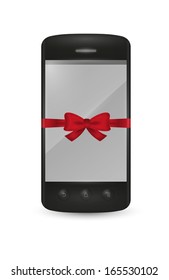 smartphone with bow as a gift on white background