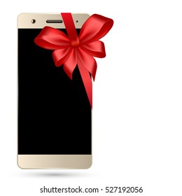 Smartphone with bow isolated on white background. Mobile phone template. Cell phone gift. Vector illustration