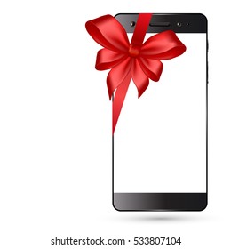 Smartphone with bow isolated on white background. Cell phone gift design. Mobile phone template. Vector illustration