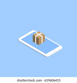 Smartphone and a box. Delivery e-commerce. 