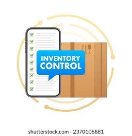 Smartphone with a box on the screen with text Inventory Control on Speech Bubble. Inventory Management. Vector stock illustration