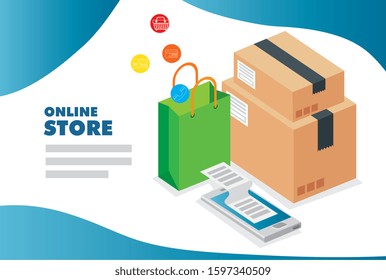 smartphone and boxes carton with icons of store online vector illustration design