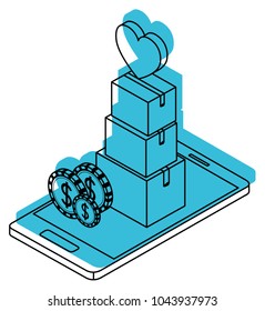 smartphone with boxes and coins isometric icon