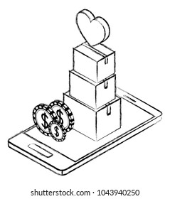 smartphone with boxes and coins isometric icon