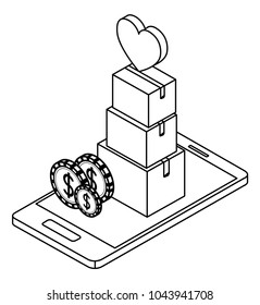 smartphone with boxes and coins isometric icon