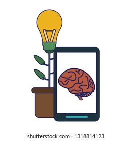 smartphone with brain on screen and flower big idea pot