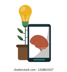smartphone with brain on screen and flower big idea pot