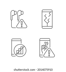 Smartphone breakdowns linear icons set. Earphones connection issue. Network problem. Touchscreen failed. Customizable thin line contour symbols. Isolated vector outline illustrations. Editable stroke