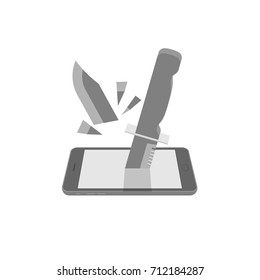 Smartphone with breaking knife set protection internet cyber crime concept idea illustration isolated on white background, with copy space