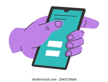 Smartphone with bright screen in hands of user, isolated mobile phone with open application. Personal instrument for connection and communication in internet online sites. Vector in flat style
