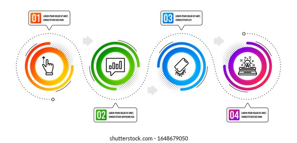 Smartphone broken, Analytical chat and Touchscreen gesture line icons set. Infographic timeline. Typewriter sign. Phone crash, Communication speech bubble, Slide up. Inspiration. Vector