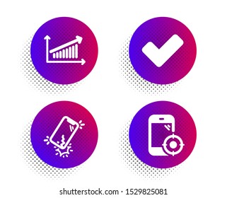 Smartphone broken, Chart and Tick icons simple set. Halftone dots button. Seo phone sign. Phone crack, Presentation chart, Confirm check. Smartphone optimization. Business set. Vector