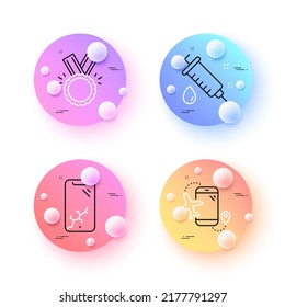 Smartphone broken, Flights application and Honor minimal line icons. 3d spheres or balls buttons. Medical syringe icons. For web, application, printing. Phone crash, Airport app, Medal. Vector