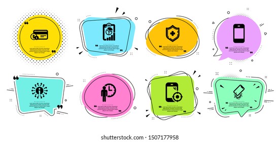 Smartphone broken, Info and Waiting line icons set. Chat bubbles with quotes. Payment method, Seo phone and Medical shield signs. Smartphone, Report symbols. Phone crash, Information. Vector