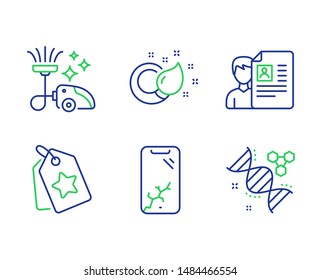 Smartphone broken, Job interview and Loyalty tags line icons set. Vacuum cleaner, Paint brush and Chemistry dna signs. Phone crash, Cv file, Bonus reward. Vacuum-clean. Business set. Vector