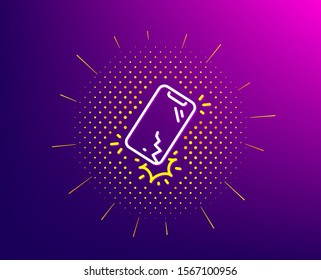 Smartphone broken line icon. Halftone pattern. Phone crack sign. Mobile device crash symbol. Gradient background. Smartphone broken line icon. Yellow halftone pattern. Vector