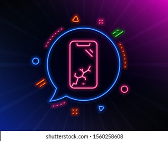 Smartphone broken line icon. Neon laser lights. Phone crash sign. Mobile device crack symbol. Glow laser speech bubble. Neon lights chat bubble. Banner badge with smartphone broken icon. Vector