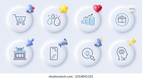 Smartphone broken, No handbag and Growth chart line icons. Buttons with 3d bell, chat speech, cursor. Pack of Water drop, Internet shopping, Shop icon. Meditation eye, Energy pictogram. Vector