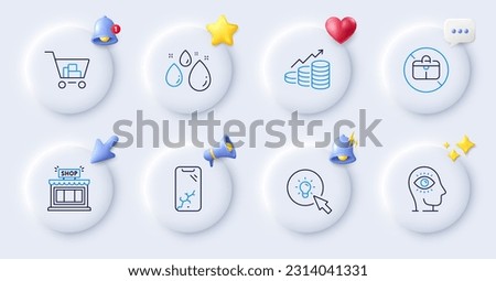 Smartphone broken, No handbag and Growth chart line icons. Buttons with 3d bell, chat speech, cursor. Pack of Water drop, Internet shopping, Shop icon. Meditation eye, Energy pictogram. Vector