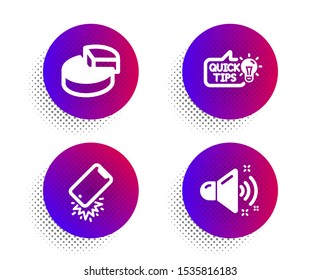 Smartphone broken, Pie chart and Education idea icons simple set. Halftone dots button. Loud sound sign. Phone crash, 3d graph, Quick tips. Music. Technology set. Vector
