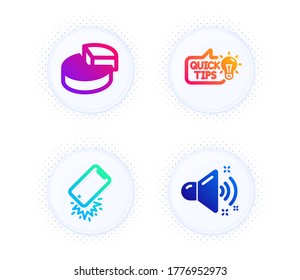 Smartphone broken, Pie chart and Education idea icons simple set. Button with halftone dots. Loud sound sign. Phone crash, 3d graph, Quick tips. Music. Technology set. Vector