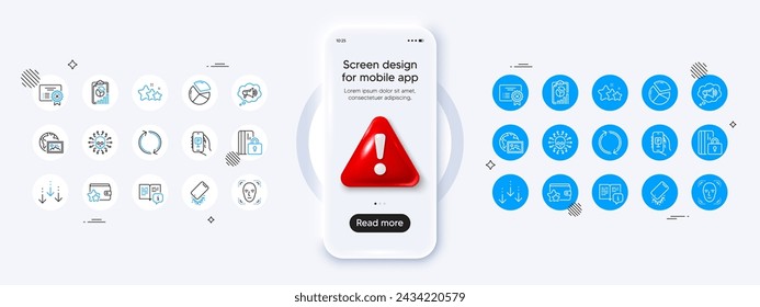 Smartphone broken, Report and Pie chart line icons. Phone mockup with 3d danger icon. Pack of Stars, Web photo, Blocked card icon. Scroll down, Megaphone, Parking app pictogram. Vector