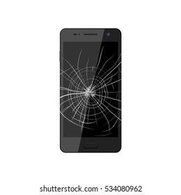 Smartphone with broken screen. Crashed phone monitor requires repair. Vector illustration.