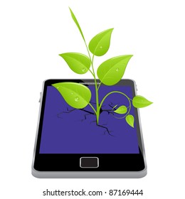 Smartphone with broken screen and plant. Vector illustration.
