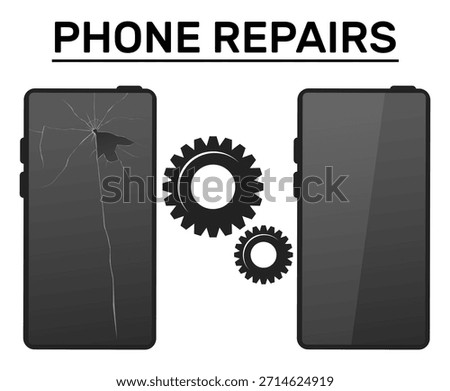 Smartphone with broken screen and repaired phone. Advertising repair workshop. Gear sign. Shattered touchscreen with fissures. Gadget crash. Cellphone maintenance fixing service. Vector banner design