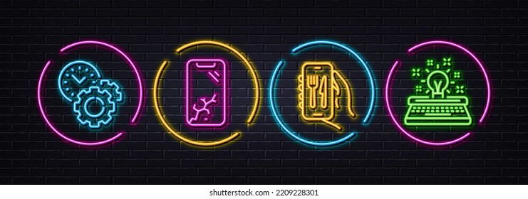 Smartphone broken, Time management and Restaurant app minimal line icons. Neon laser 3d lights. Typewriter icons. For web, application, printing. Phone crash, Settings, Smartphone food. Vector