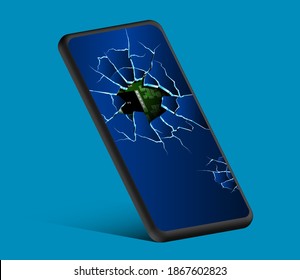 smartphone with broken touchscreen and an electronic board inside. Broken smartphone screen. Repair of mobile phone in service center. Vector