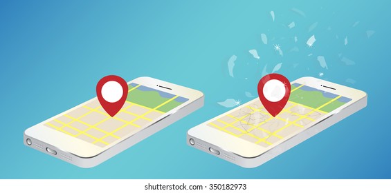 smartphone and broken smartphone using a gps navigator map