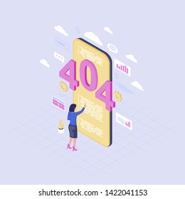 Smartphone browsing problem isometric illustration. 404 error message on mobile phone screen. Female user reading lost server connection notification. IT expert solving internet failure