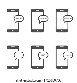 Teléfono inteligente con mensaje de burbuja. adiós cuadrado abstracto conceptual o nube internacional de palabras en diferentes idiomas