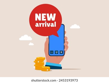 Smartphone with bubble new arrival. Hard work and business symbol. Vector illustration in flat style.
