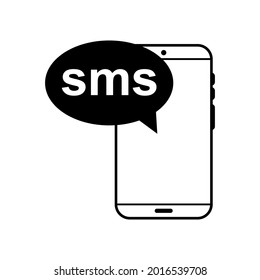 Smartphone and bubble with SMS black on white background, vector illustration