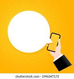 Smartphone with a bubble text. Poster with text blank. Comic retro style. Phone app speech bubble. Vector EPS 10. Isolated on background.
