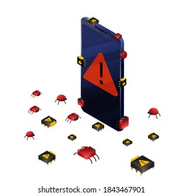 Errores y virus de Smartphone. Protección de datos de ilustraciones vectoriales isométricas, concepto de seguridad de la información. Mostrar con el símbolo de error rojo aislado en blanco.