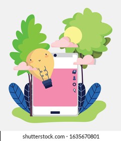 smartphone bulb creativity idea social media s landscape outdoor background vector illustration