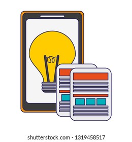 smartphone with bulb light and douments blue lines