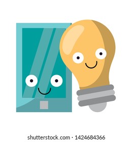Smartphone and bulb light smiling cartoons vector illustration graphic design