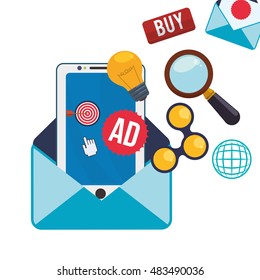 Smartphone bulb lupe share and envelope icon. Email marketing message communication and media theme. Colorful design. Vector illustration