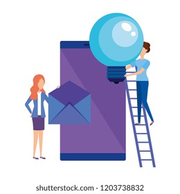 smartphone with bulb and mini people