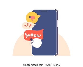 Smartphone with Bully Messages on Screen. Mockery, Cyber Bullying, Aggression in Social Media, Cyberbullying, Network Abuse and Harassment Concept. Cartoon Vector Illustration
